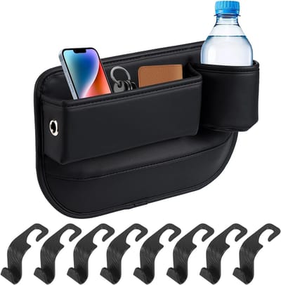 Organiser voor Auto met USB Oplaadpoort, Leer Cup Holder en 8 Haakjes voor Telefoon, Sleutels en Bril, Ideaal voor Autostoelen en Extra Opbergruimte