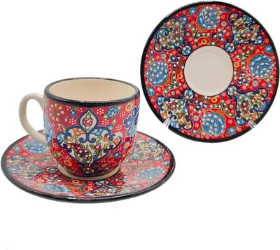 Espressokopjes met schotels - Koffiekopjes Cappuccino - Koffie drinken - Handgemaakt Turks keramiek - 100 ml - Meerkleurig