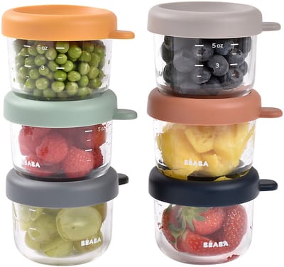 Béaba 6 Glazen Bewaarbakjes Voeding - 150 ml - Luchtdicht - Stapelbaar - Antilek - Magnetron & Diepvries bestendig - Sunrise Colormix