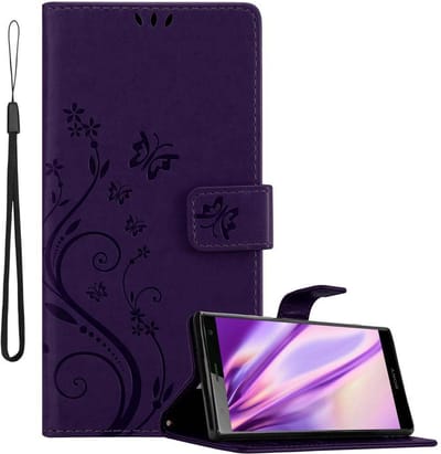 Cadorabo Hoesje geschikt voor Sony Xperia XZ2 in BLOEMEN DONKER PAARS - Beschermhoes in bloemmotief met magnetische sluiting, standfunctie en kaartsleuven Book Case Cover Etui