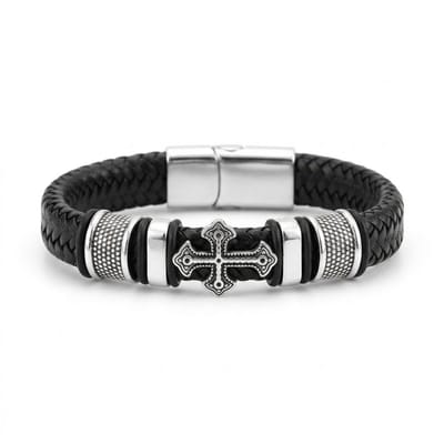 Heren armband – zwart gevlochten leer met metalen kruis detail – magneetsluiting