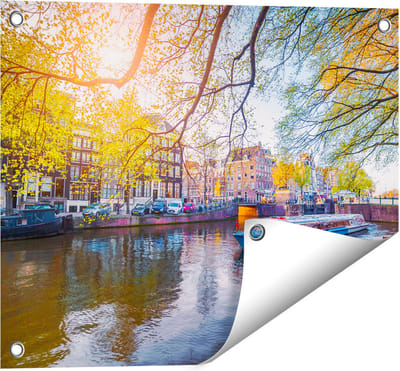 Gards Tuinposter Amsterdamse Gracht tijdens het Voorjaar - 50x40 cm - Tuindoek - Tuindecoratie - Wanddecoratie buiten - Tuinschilderij