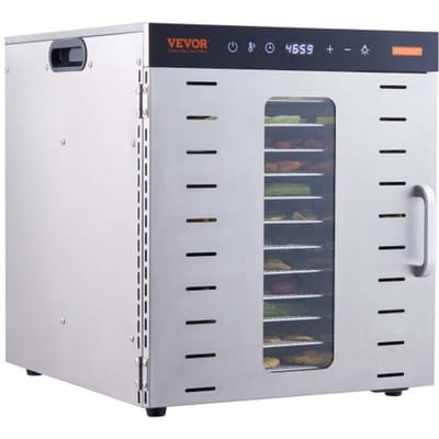 VEVOR 1000 w Dehydrator Roestvrij Staal, 300 x 280 mm 10 Stuks Dienbladen 360° Droog, Dehydrator, 30-90℃ Temperatuurregeling, 0,5 Tot 48 uur Timer, Oververhittingsbeveiliging, Receptenboekje voor Vlees, Fruit, Groenten