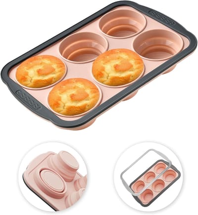 Siliconen bakvorm - Taartvorm - Diepvriesvorm - 6 compartimenten - Flexibele bodem - Gemakkelijk te ontvormen - Opvouwbaar ontwerp - Verstevigd metalen frame - Duurzaam - 1 stuk - Roze - 26x17x3,9 cm