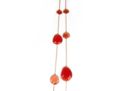 Lange zilveren collier halssnoer roos goud verguld Model Magic Colors gezet met oranje stenen
