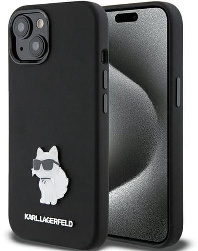 Karl Lagerfeld Silicone Choupette - iPhone 15 Plus Hoesje - Zwart - Exclusief Ontwerp - Metalen Pin