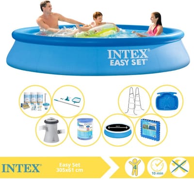 Intex Rond Opblaasbaar Easy Set Zwembad - 305 x 61 cm - Blauw - Inclusief Pomp - Solarzeil - Onderhoudspakket - Filter - Schoonmaakset - Ladder - Voetenbad - Vloertegels - 9-delig