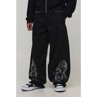 Jeans Met Geborduurd Drakendesign, Elastische Taille En Super Baggy Fit | Washed Black | Size 42R