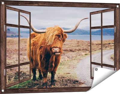 Gards Tuinposter Doorkijk Schotse Hooglander Koe op de Weg - 90x60 cm - Tuindoek - Tuindecoratie - Wanddecoratie buiten - Tuinschilderij