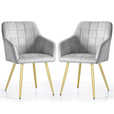 Set van 2 Eetkamerstoelen LUXANO met Armleuningen / Gestoffeerde Stoelen / Fluwelen Stoelen en Metalen Poten / Grijs met gouden benen