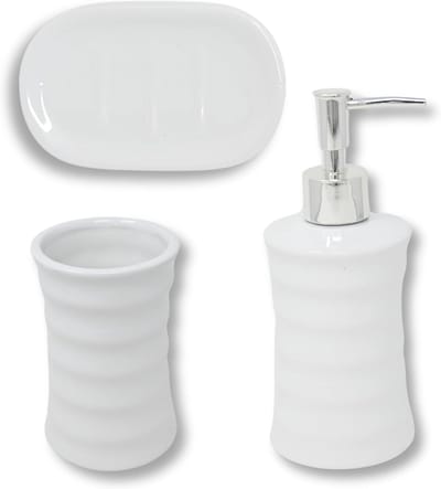 Famanu - 3-delige badkamerset keramiek – witte badkameraccessoireset met zeepdispenser, tandenborstelbeker en zeepbakje – badkamerorganizer – badkameraccessoires – badkameraccessoires