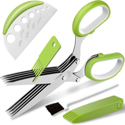 DOWO® - Kruidenschaar - Groen - 5 RVS Messes - Keuken Schaar voor Kruiden - Kruidensnijder - Vaatwasser bestendig - Incl. Kruidenstripper, Reinigingskam en Beschermkap