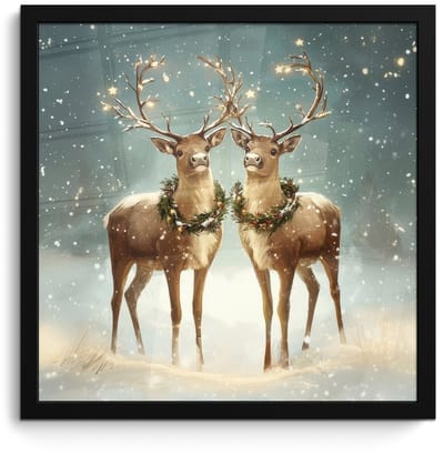 Poster in lijst - Fotolijst 40x40 cm - Posters - Kerstmagie - Winterwoud - Rendier - Posterlijst zwart - Decoratie - Wanddecoratie woonkamer - Muurdecoratie slaapkamer - Kerstversiering - Kerstdecoratie voor binnen - Kerstmis