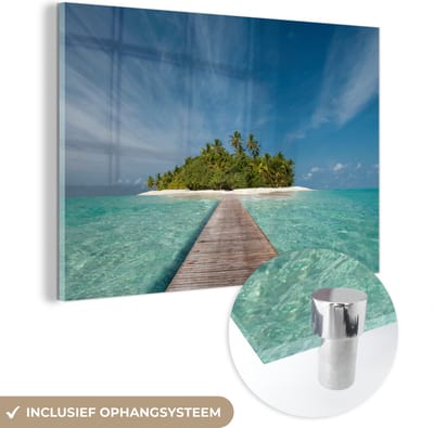 MuchoWow® Glasschilderij 60x40 cm - Schilderij acrylglas - Zee - Pier - Eiland - Foto op glas - Muurdecoratie woonkamer - Wanddecoratie slaapkamer - Schilderijen