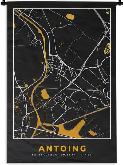 Wandkleed - Wanddoek - Antoing - Goud - Kaart - Plattegrond - Stadskaart - 120x180 cm - Wandtapijt