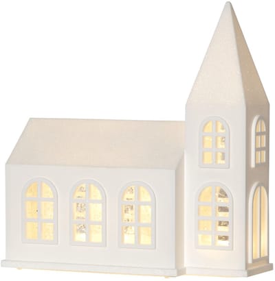 Star Trading LED-huis 'Vinter' met glittereffect, witte decoratieve kerk, batterijen + timer, 3 warmwitte lichtbronnen, H 20,5 cm