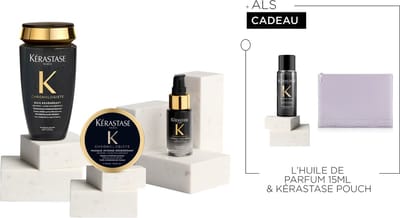 Kérastase Chronologiste Trio - Regenererende Routine voor Haar Verzwakt door Tekenen van Veroudering – Bain Régénérant 250ml, Masque Intense Régénérant 75ml, Overnight Youth Serum 30ml + Chronologiste L'Huile de Parfum 15ml & Kérastase Pouch Cadeau