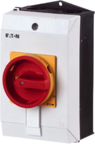 Eaton Hoofdschakelaar, P1, 25 A, opbouw, 3-polig + N, NOOD-UIT-functie, met rode draaigreep en gele borgring, vergrendelbaar in 0-stand, hardspiegeluitv, 227860