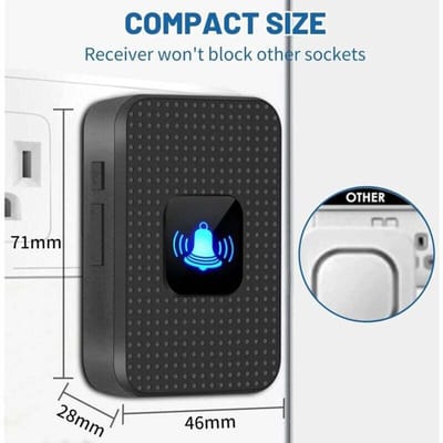 Draadloze deurbel, mini-deurbel, IP55 waterdicht, elektronische deurbelset voor buiten, effectief bereik van 150 meter, 38 beltonen, 5 volumeniveaus, blauwe LED-indicator, geschikt voor thuis, kantoor, hotel en noodsituaties, zwart.