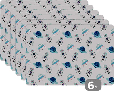 Placemat - Placemats kunststof - Space - Robot - Planeten - Patroon - 45x30 cm - 6 stuks - Hittebestendig - Anti-Slip - Onderlegger - Afneembaar