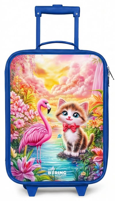 NoBoringSuitcases.com® - Kinderkoffer blauw - Kindertrolley jongen - Kitten met flamingo in tropisch bloemenparadijs - Koffer kind lichtgewicht - Reiskoffer trolley voor kinderen - Koffertje met lichtgevende wieltjes - Rolkoffer