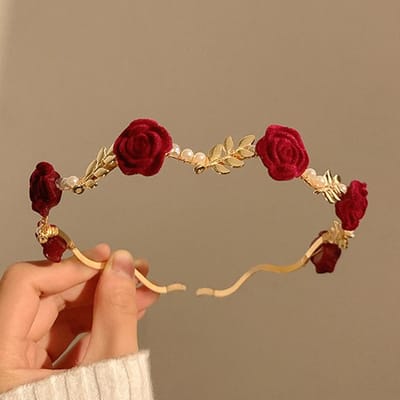 Dames Elegante Rozenrank Haarband Haaraccessoires Hoofddeksel Meisjes Vintage Metalen Bloem Parel Rode Roos Tiara Haarbanden