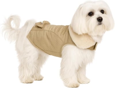 Hondenjas – Guzzi Beige 25cm – warme waterafstotende jas met fleecevoering, klittenbandsluiting & elegant strikje