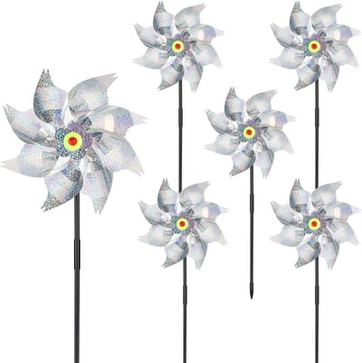 Vogelafweer-windmolens, 6 stuks, reflecterende windmolens, vogelverschrikker, vogelafweer, geschikt voor balkon, tuin, fruittuin, binnenplaats en dak (zilverkleurig, diameter: 24 cm).