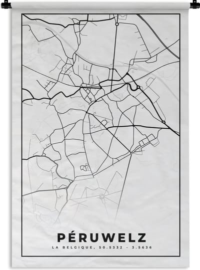 Wandkleed - Wanddoek - Plattegrond – Péruwelz – Zwart Wit – Stadskaart - Kaart - België - 120x180 cm - Wandtapijt