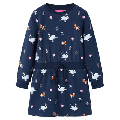 vidaXL-Kinderjurk-met-lange-mouwen-zwanenprint-116-marineblauw