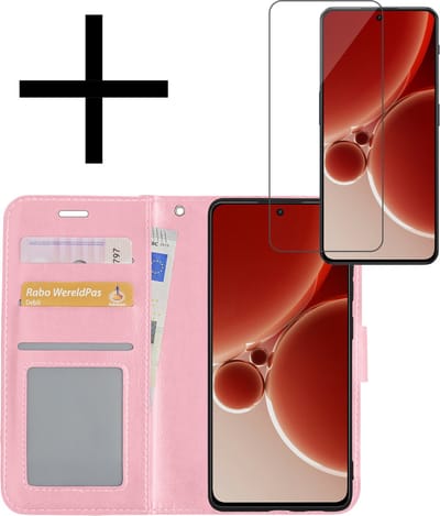Hoesje - Met Screenprotector - Geschikt voor OnePlus Nord 3 - Luxe Pasjeshouder - Bookcase Portemonee - Flip Case - Kunstleer Book Case - Flipcase - Book Cover - Walletcase - Portemonneehoes - Lichtroze