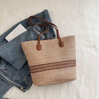 Sac Tissé en Paille pour Femmes Grande Capacité Nouvel Été Simple Sac à Bandoulière sur la Plage Sac Cabas gray