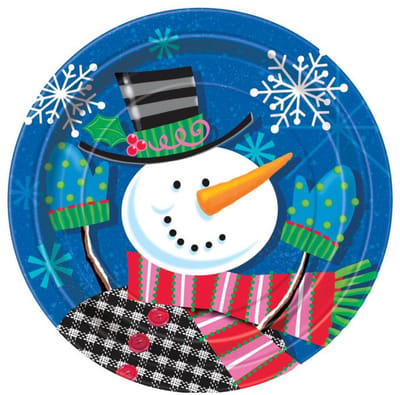 8 kleine papieren kerstbordjes met een afbeelding van een vrolijke sneeuwpop (18 cm).