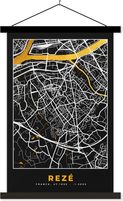Posterhanger incl. Poster 40x60 cm - Schoolplaat - Rezé– Plattegrond – Frankrijk – Kaart – Stadskaart - Textielposter - Zwarte latten - Stadskaart