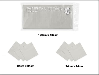 1x Tafelkleed papier zilver 120cm x 180cm + 40x Cocktail servetten zilver 24cm x 24cm 3 laags
