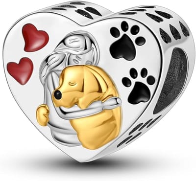 Fler® | Bedel | Past op populaire bedelarmbanden (standaard - 3mm) | Hondenbedel met Hart | Hangbedel Charm | 925 sterling zilver | Gouden, Rode & Zwarte emaille | Armband Kraal | Valentijnsdag Cadeau | Sinterklaas kado | Kerstcadeau | Verjaardag