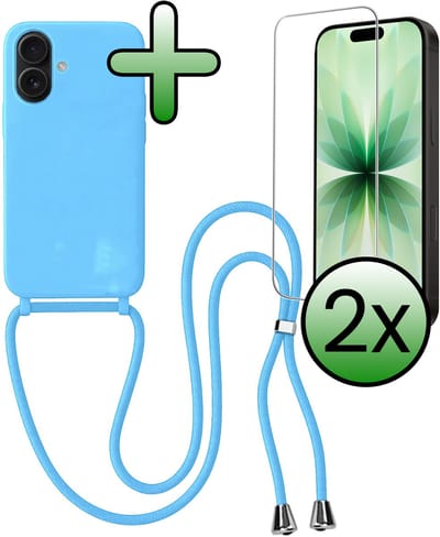 Hoes Geschikt voor iPhone 17 Hoesje Met Koord Met 2x Screenprotector - Telefoonhoesje Geschikt voor iPhone 17 Backcover Met Afneembaar Koord - Lichtblauw