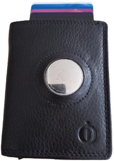 OI zwarte leren portemonnee met Figuretta pasjeshouder en ruimte voor AIR TAG / Compact portemonneetje met Cardprotector zonder muntvak met ruimte voor ronde tracker / plat beursje met RFID SAFE kastje / zwart leer / 145N AIR