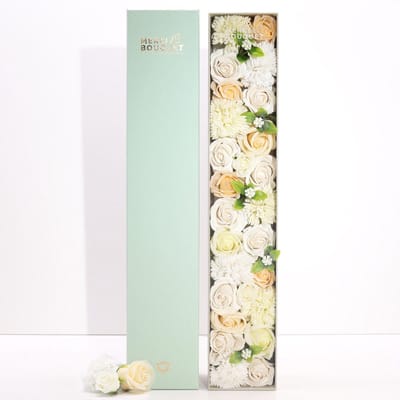 Zeepbloemen Extra Lange Doos Geschenk Set - Bruiloft Zegeningen - Zeep Bloemen Wit & Ivoor Rozen - Cadeau Set - Zeeprozen - Zeep Rozen