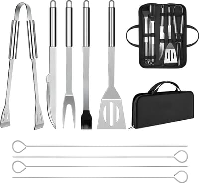 SP® BBQ Accesoires ( set ) - BBQ Kookgerei Set - Met Opbergtas (9) - Zilver - 39cm x 5cm x 12cm