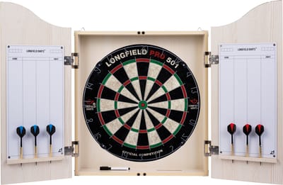 Dart Cabinet Hout Licht Eiken – Sisal Dartbord – 6 Steeltip Darts 18 g – Marker & Wisser – Westrijdbord – Beschermt Muur en Dartbord – Longfield