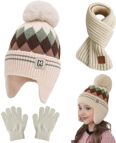 Dailygoods- Wintermuts Set 3-in-1 - Wintermuts met Pompon - Sjaal - Handschoenen - Nekwarmer - Fleece Gevoerd voor Kinderen 4-10 Jaar - Winterset