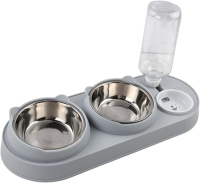 SnelShoppen - 3-in-1 Verhoogde Kattenbak met Automatische Waterdispenser 500 ml en 15° Hellende Bak, Stabiele Antislip Standaard voor Voer en Water vo