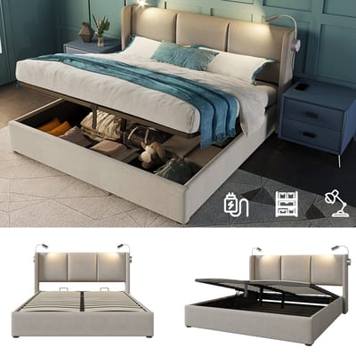 Tweepersoonsbed 160x200 cm Beige met Opbergruimte, 2 Leeslampjes met USB, Gasveren en Lattenbodem