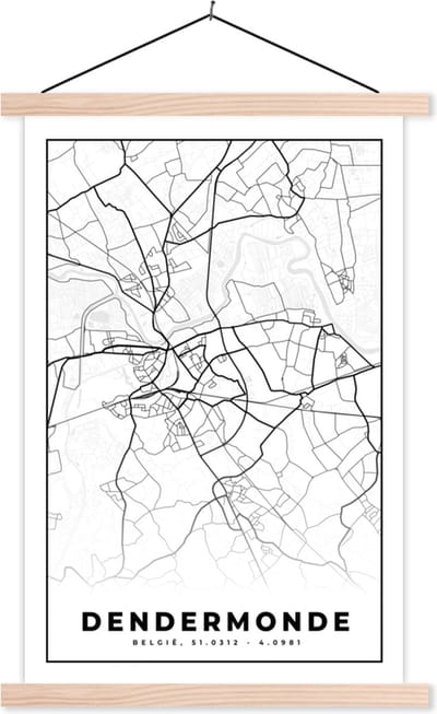 Posterhanger incl. Poster 40x60 cm - Schoolplaat - Stadskaart – Zwart Wit - Kaart – Dendermonde – België – Plattegrond - Textielposter - Blanke latten - Stadskaart
