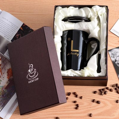 Mok met Deksel Lepel Keramische Kop Opening Praktisch Cadeau Souvenir Doos Creatieve Koffiekop 301-400ml