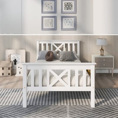 Eenpersoonsbed 90 x 200 cm - met bedframe en lattenbodem - met hoofdeinde - kinderbed - tienerbed - massief hout - wit - zonder matras