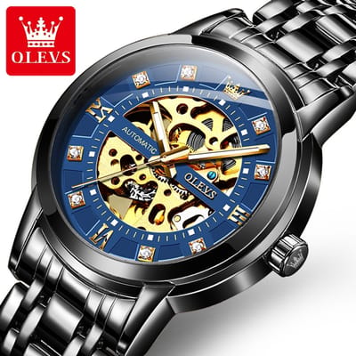 HO-9901.zw-bl : Olevs zwart automatisch/mechanisch edelstaal heren skeleton horloge, blauwe wijzerplaat, 3BAR, tourbillon, luminiscerend