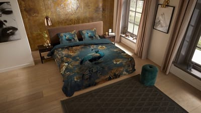 Pure dekbedovertrek pauw met gouden bloemen - 2 persoons 200x200/220 cm - Petrol - Microvezel