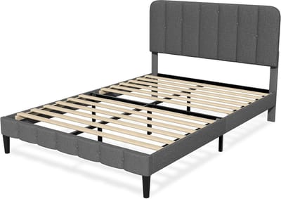 Elekiatech Bed - Tweepersoonsbed 140x200 cm - Met Grijs Canvas Hoofdbord - Verstevigd Stalen Frame - Massief Houten Lattenbodem - Draagvermogen 400 kg - Beige/Grijs